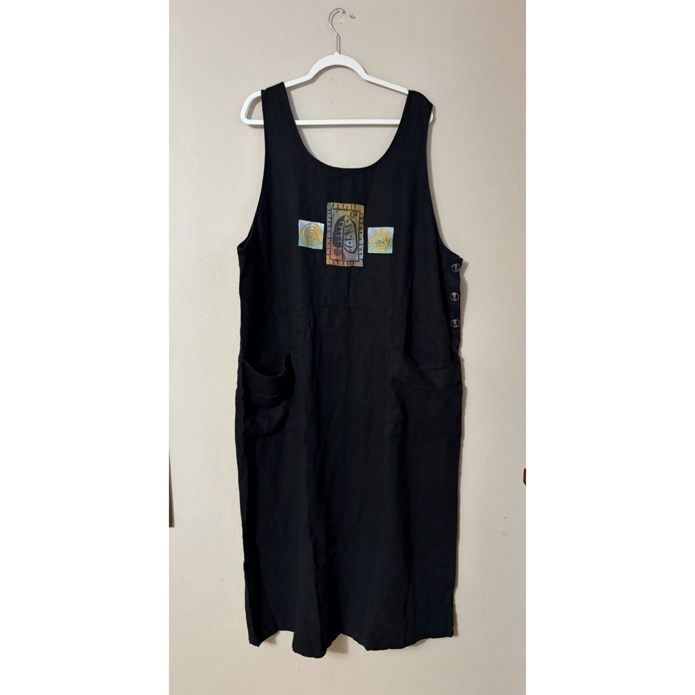Fenini Black Linen Jumper Dress Oversized Pinafore Artsy Lagenlook Plus‎ 2X